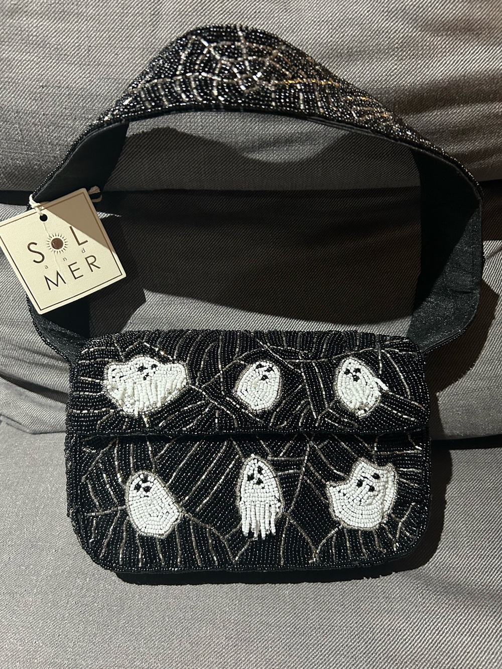 Viral Sol and Mer Halloween ghost-and-spiderweb beaded shoulder bag NWTs!